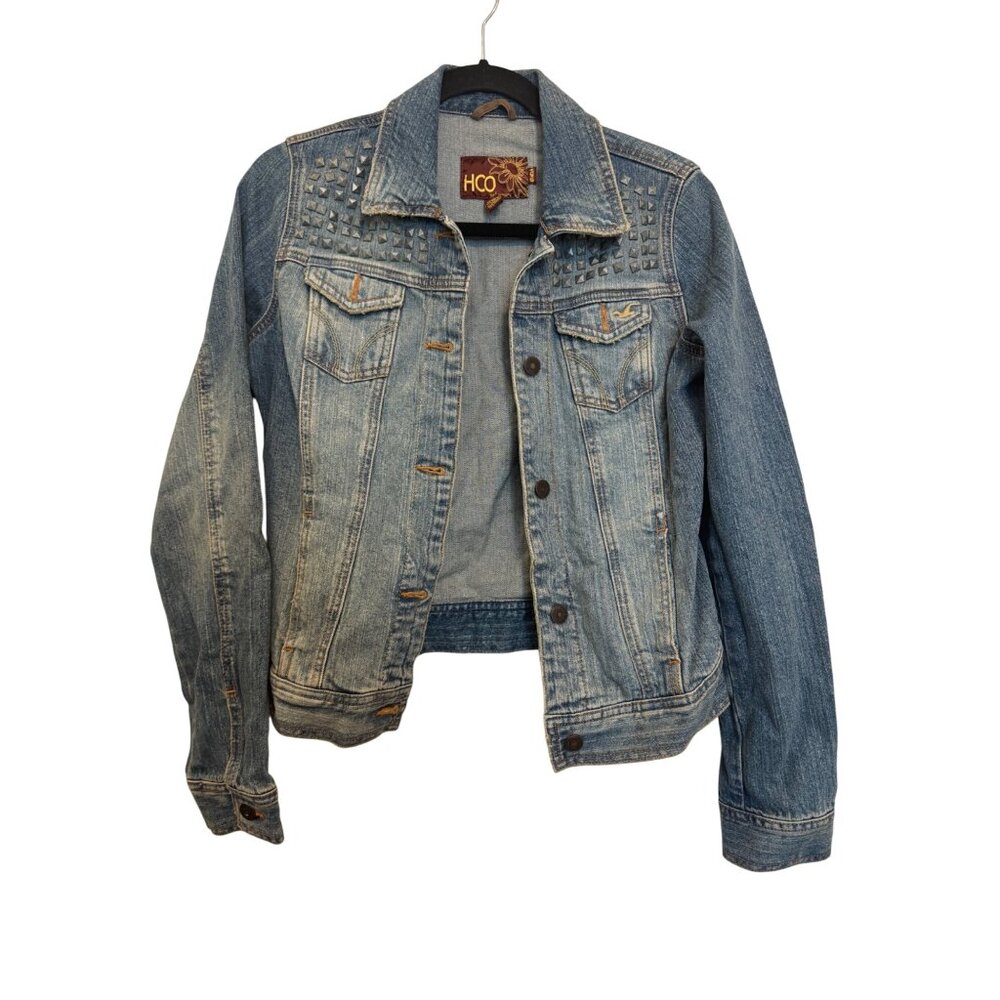 Vintage Hollister CO Womens Denim Jacket With Studded Shoulders M Stretch